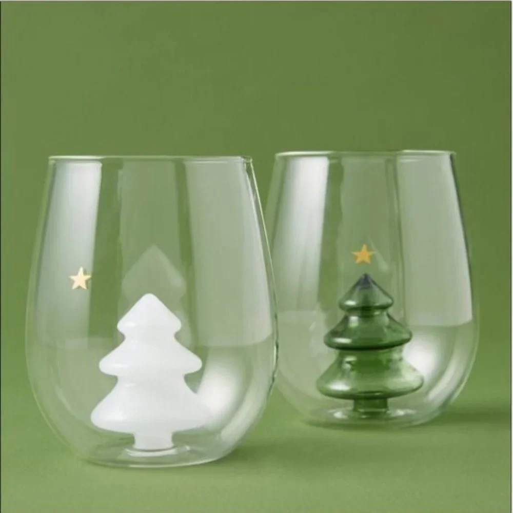 Anthropologie Yuletide Stemless Wine Glass with White Evergreen Tree –NWT in box